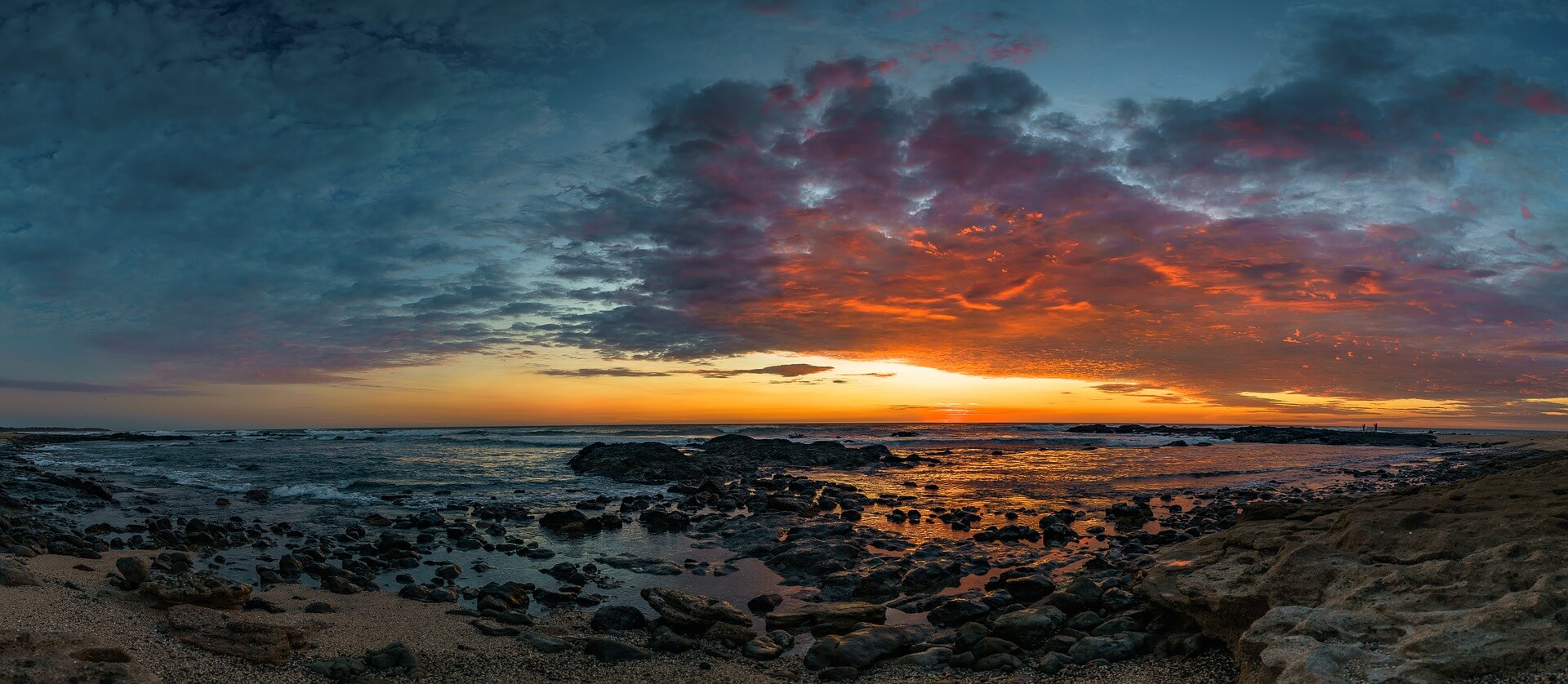Sunset over a rocky Pacific shoreline, orange cloud spread across a wide sky