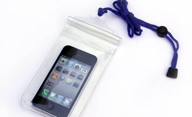 A phone sealed in a clear waterproof pouch with a blue lanyard